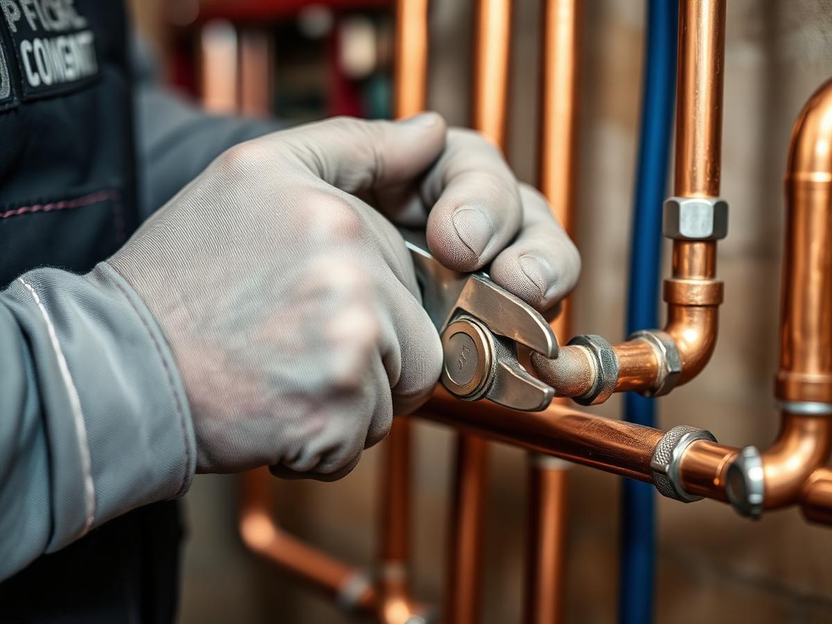Engineer working on copper heating pipework